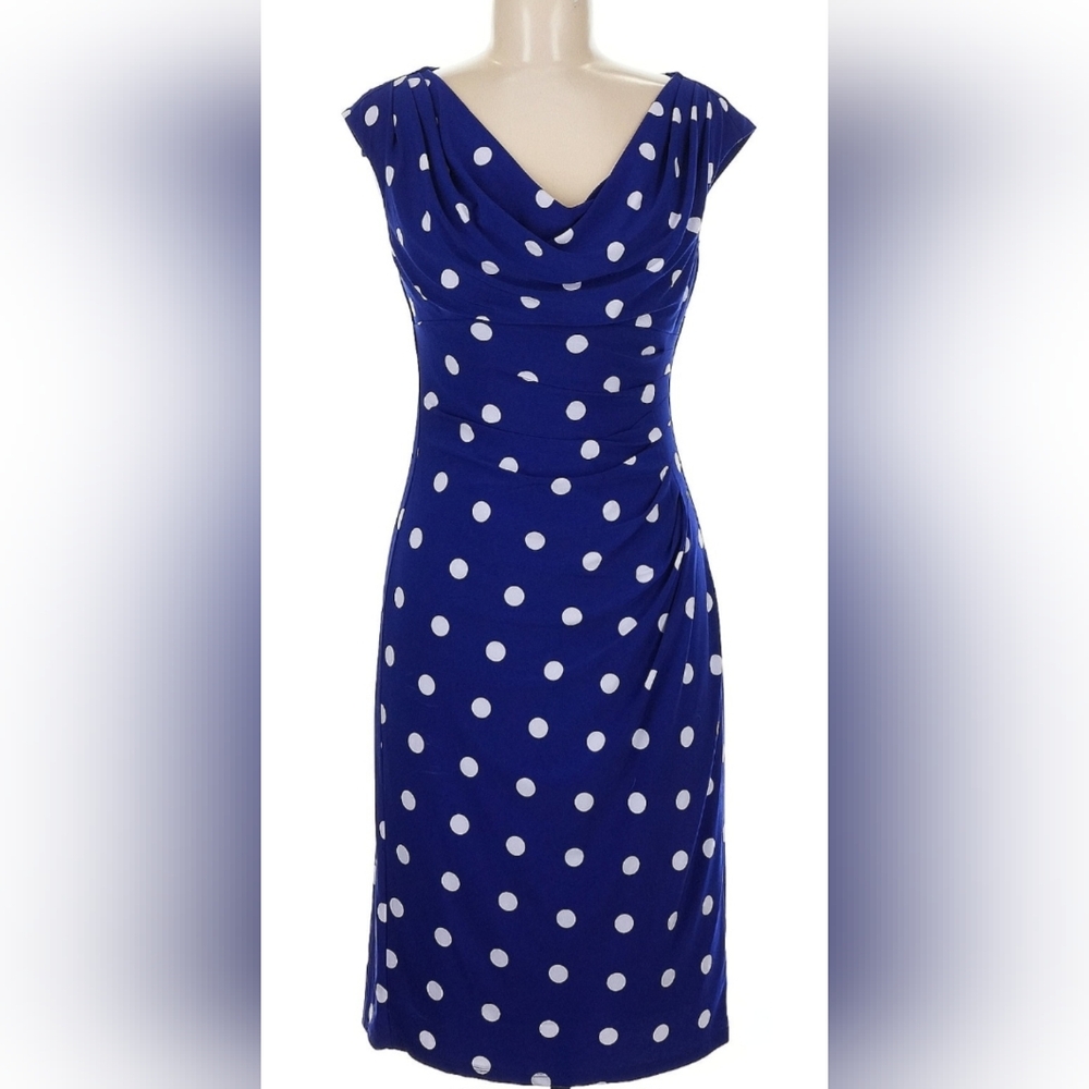 LAUREN Ralph Lauren Indigo Blue Polkaā Dot Draped Cowl Neck Dress Size 16